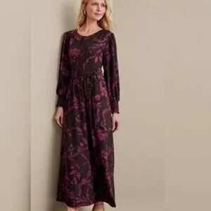 Soft Surroundings Dianthe Maxi Dress Women 2X Belted Smocked Floral Long Sleeve